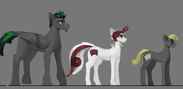 Size: 709x348 | Tagged: safe, artist:nsilverdraws, artist:queen-razlad, derpibooru import, oc, oc:razlad, oc:trestle, oc:villainshima, unofficial characters only, earth pony, pegasus, pony, unicorn, disguise, disguised changeling, image, png, reference, reference sheet, simple background, size comparison, size difference