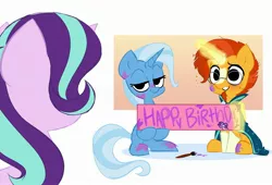 Size: 2818x1919 | Tagged: safe, artist:syrupyyy, derpibooru import, starlight glimmer, sunburst, trixie, pony, unicorn, banner, birthday, cute, face not visible, female, happy birthday, hoof hold, image, jpeg, lidded eyes, magic, male, mare, paint, paint on fur, paintbrush, sitting, smiling, stallion, sweat, telekinesis, trio, we couldn't fit it all in