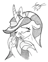 Size: 826x1054 | Tagged: safe, artist:parallel black, derpibooru import, applejack, princess twilight 2.0, twilight sparkle, twilight sparkle (alicorn), alicorn, the last problem, appletini, image, kicking, micro, monochrome, nasal insertion, nasal vore, older, older twilight, png, size difference, sketch, spell gone wrong, struggling, traditional art, vore, wat, what has magic done