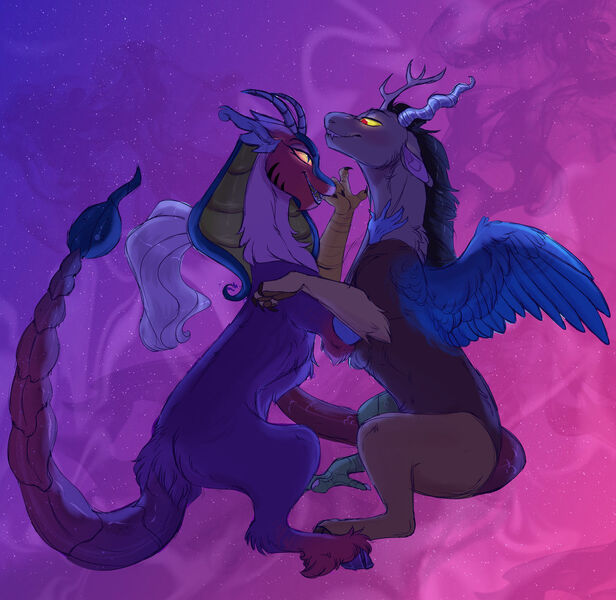 Size: 1280x1246 | Tagged: safe, artist:glorymoon, derpibooru import, cosmos (character), discord, draconequus, abstract background, coscord, female, headcanon in the description, image, jpeg, male, shipping, straight