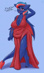 Size: 1237x2048 | Tagged: suggestive, artist:nexcoyotlgt, derpibooru import, oc, oc:centreus feathers, unofficial characters only, anthro, dracony, dragon, hybrid, big breasts, blushing, breasts, chest fluff, chubby, clothes, commission, dress, erect nipples, eye scar, fat, female, heterochromia, hoofclaw, image, jpeg, looking at you, nipple outline, red dress, scar, solo, solo female, sweat, sweatdrop, talking, talking to viewer