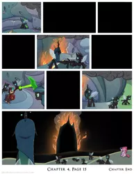 Size: 1200x1552 | Tagged: safe, artist:deusexequus, derpibooru import, pinkie pie, queen chrysalis, twilight sparkle, oc, oc:star spark, alicorn, changeling, changeling queen, earth pony, pony, comic:fix, burned, burning, comic, crying, eyes closed, female, fire, floppy ears, image, png, smoke