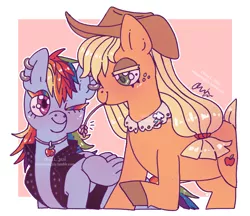 Size: 2000x1731 | Tagged: artist needed, source needed, safe, artist:whisperinglily, derpibooru import, applejack, rainbow dash, earth pony, pegasus, pony, appledash, female, image, jpeg, lesbian, obtrusive watermark, piercing, piercing fetish, shipping, watermark