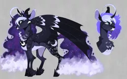 Size: 1280x801 | Tagged: safe, artist:wanderingpegasus, derpibooru import, princess luna, alicorn, bat pony, bat pony alicorn, pony, alternate hairstyle, bat ponified, bat wings, chest fluff, crown, curved horn, ethereal mane, female, freckles, gray background, grin, hoof shoes, horn, image, jewelry, jpeg, mare, markings, race swap, redesign, regalia, simple background, smiling, solo, starry mane, wings