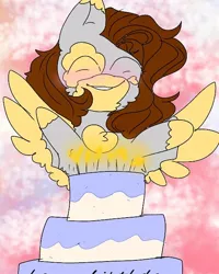 Size: 540x676 | Tagged: safe, artist:cocolove2176, derpibooru import, oc, unofficial characters only, pegasus, pony, abstract background, birthday cake, blushing, bust, cake, eyes closed, female, food, image, jpeg, mare, pegasus oc, smiling, solo, wings