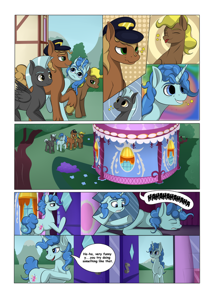 Size: 2904x4000 | Tagged: safe, artist:palibrik, author:bigonionbean, derpibooru import, compass star, evening star, party favor, thunderlane, earth pony, pegasus, pony, unicorn, comic:securing a sentinel, abandoned, background, carousel boutique, comic, commissioner:bigonionbean, cutie mark, dialogue, drunk, hat, image, male, png, ponyville, stallion