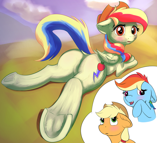 Size: 2610x2379 | Tagged: safe, artist:shaliwolf, author:bigonionbean, derpibooru import, applejack, rainbow dash, oc, oc:zap-apple jam, earth pony, pegasus, pony, background, blushing, butt, commissioner:bigonionbean, cowboy hat, cutie mark, dock, embarrassed, female, flank, frog (hoof), fusion, fusion:zap-apple jam, hat, image, looking at you, looking back, looking back at you, lying down, mare, plot, png, prone, stetson, thought bubble, underhoof