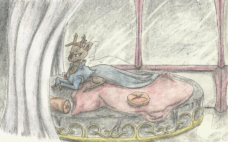 Size: 2418x1508 | Tagged: safe, artist:cindertale, derpibooru import, oc, oc:petra, unofficial characters only, deer, antlers, bed, clothes, deer oc, dress, image, indoors, jpeg, lying down, prone, solo, traditional art