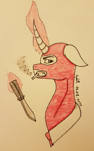 Size: 1994x3191 | Tagged: safe, artist:agdapl, derpibooru import, ponified, pony, unicorn, cigarette, clothes, crossover, glowing horn, horn, image, jpeg, knife, magic, male, mask, signature, smoking, solo, spy, stallion, team fortress 2, telekinesis, traditional art