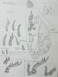 Size: 2578x3437 | Tagged: safe, artist:agdapl, derpibooru import, kirin oc, oc, unofficial characters only, kirin, bust, grayscale, horn, image, jpeg, monochrome, reference sheet, signature, traditional art