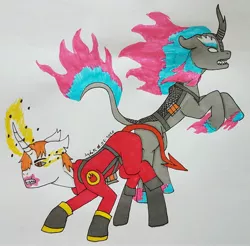 Size: 2929x2883 | Tagged: safe, artist:agdapl, derpibooru import, kirin, nirik, unicorn, boots, clothes, crossover, duo, glowing horn, horn, image, jpeg, magic, pyro, rearing, shoes, signature, team fortress 2, telekinesis, traditional art