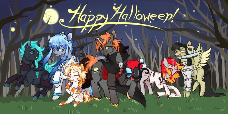 Size: 2600x1300 | Tagged: safe, artist:lavvythejackalope, derpibooru import, oc, unofficial characters only, pony, unicorn, clothes, costume, female, full moon, halloween, happy halloween, holiday, horn, image, male, mare, moon, mouth hold, night, outdoors, png, stallion, tree, unicorn oc