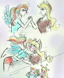 Size: 534x650 | Tagged: source needed, safe, artist:valeriamagicart, derpibooru import, applejack, rainbow dash, human, appledash, female, humanized, image, jpeg, lesbian, shipping