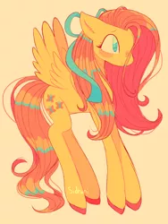 Size: 1800x2400 | Tagged: safe, artist:sidruni, deleted from derpibooru, derpibooru import, fluttershy, pegasus, pony, hair ribbon, image, png, simple background, solo, stray strand, yellow background