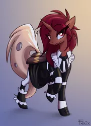 Size: 3992x5523 | Tagged: safe, artist:fenixdust, derpibooru import, oc, oc:flechette, unofficial characters only, changeling, insect, moth, mothling, original species, clothes, eye clipping through hair, female, image, lidded eyes, looking at you, maid, png, raised hoof, red changeling, solo, species swap