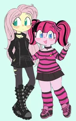 Size: 1286x2048 | Tagged: safe, artist:ocado7, derpibooru import, fluttershy, pinkie pie, equestria girls, :<, alternate hairstyle, boots, bow, choker, clothes, colored pupils, duo, eye clipping through hair, eyebrows, eyebrows visible through hair, female, goth, hair bow, image, jacket, jpeg, looking at you, looking sideways, pansexual pride flag, pigtails, pride, pride flag, shirt, shoes, simple background, skirt, smiling, socks, striped shirt, striped socks, studded choker, twintails