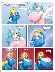 Size: 3040x4000 | Tagged: suggestive, artist:badgerben, artist:hyperstorm_h, derpibooru import, princess celestia, oc, oc:white heart, alicorn, anthro, unguligrade anthro, unicorn, comic:white heart's beautification, bedroom eyes, big breasts, blushing, breast expansion, breasts, busty princess celestia, comic, commission, crown, digital art, duo, duo female, erect nipples, eyes closed, female, growth, horn, huge breasts, hyper, hyper breasts, image, impossibly large breasts, jewelry, magic, moaning, nipple outline, open mouth, png, regalia, rule 63, sideboob, speech bubble, spread wings, tail, text, thighs, transformation, wide eyes, wings