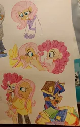 Size: 2625x4160 | Tagged: safe, artist:mirabuncupcakes15, derpibooru import, fluttershy, pinkie pie, silver spoon, twilight sparkle, human, bathrobe, book, clothes, dress, female, flats, horn, horned humanization, hug, humanized, image, jpeg, open mouth, pants, robe, shirt, shoes, skirt, sweater, sweatershy, traditional art, t-shirt, winged humanization, wings