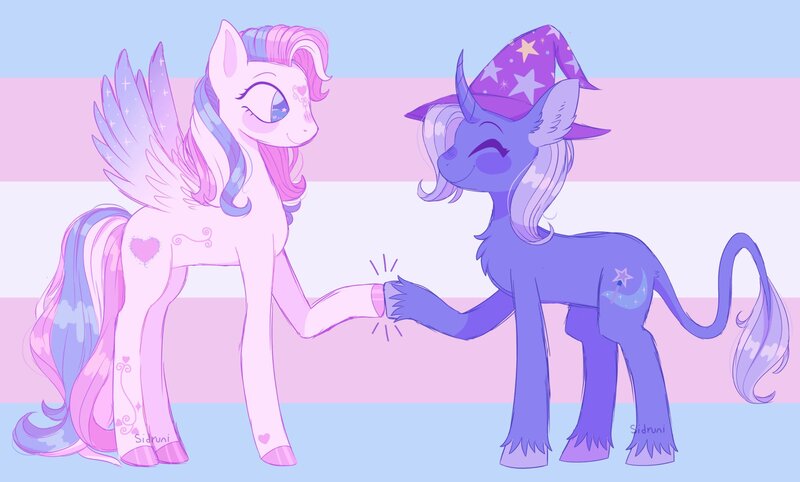 Size: 2048x1233 | Tagged: safe, artist:ocado7, derpibooru import, star catcher, trixie, pegasus, pony, unicorn, chest fluff, curved horn, duo, ear fluff, gender headcanon, hoofbump, horn, image, jpeg, leonine tail, pride, pride flag, smiling, trans trixie, transgender, transgender pride flag