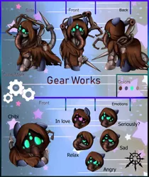 Size: 818x976 | Tagged: safe, artist:pridark, derpibooru import, oc, oc:gear works, unofficial characters only, cyborg, cyborg pony, pony, augmentation, chaos, chibi, clothes, commission, crossover, dark mechanicus, emotions, fanfic art, hood, image, jpeg, reference sheet, robe, robotic arm, servo arm, solo, techpriest, warhammer (game), warhammer 40k