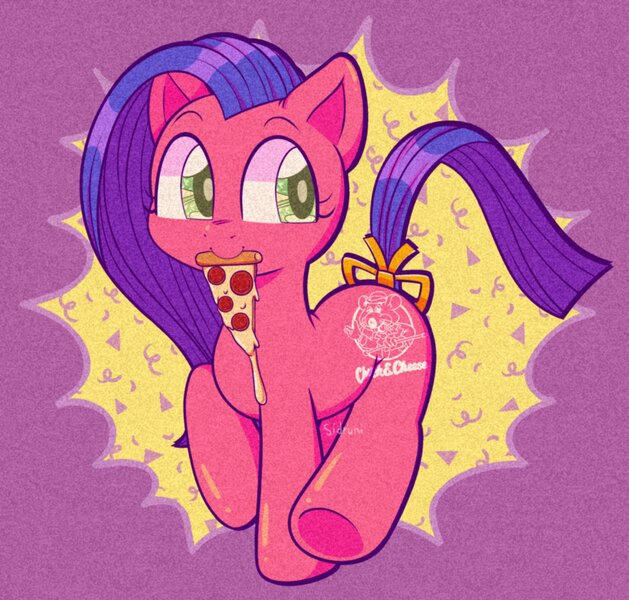 Size: 2048x1954 | Tagged: safe, artist:ocado7, derpibooru import, pony, bow, chuck e cheese, chuck e cheese pony, cute, food, grainy, image, jpeg, mouth hold, pizza, slice of pizza, solo, tail bow, toy interpretation