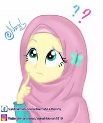 Size: 1080x1283 | Tagged: safe, artist:edy_january, artist:fluttershy_art.nurul, artist:nurulhikmah1810, derpibooru import, edit, vector edit, fluttershy, equestria girls, cute, female, hairpin, hijab, image, islam, islamashy, jpeg, question mark, religion, shyabetes, solo, vector