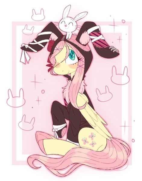 Size: 1902x2425 | Tagged: safe, artist:ocado7, derpibooru import, angel bunny, fluttershy, pegasus, pony, rabbit, angelbetes, animal, bunny ears, bunny ears hoodie, clothes, cute, female, happy, hoodie, image, jpeg, male, mare, pet, shyabetes, sitting, smiling