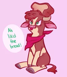 Size: 873x1000 | Tagged: safe, artist:equinoxette, derpibooru import, arizona cow, cow, them's fightin' herds, :p, arizonadorable, bread, bread head, community related, cute, female, floppy ears, food, image, misspelling, pink background, png, simple background, sitting, solo, tongue out