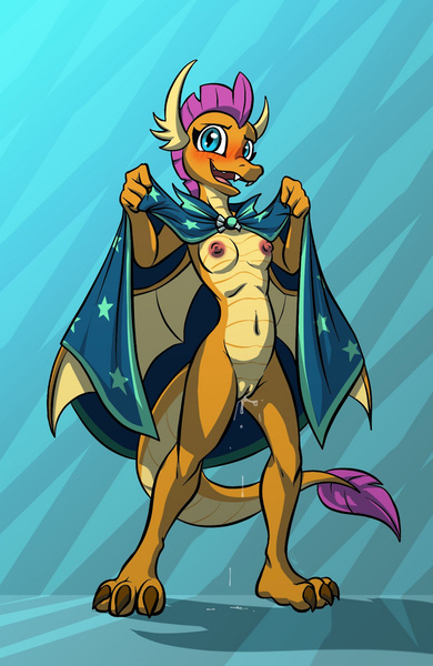 Size: 920x1415 | Tagged: explicit, artist:bassybefuddle, derpibooru import, smolder, dragon, arousal, aroused, belly button, blushing, breasts, cape, clothes, dragoness, dripping, dripping precum, female, image, implied shipping, implied sunburst, jpeg, lizard breasts, nipples, non-mammalian breasts, nudity, precum, solo, vagina, vaginal secretions, wet