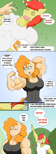 Size: 1914x5267 | Tagged: safe, artist:matchstickman, derpibooru import, bright mac, pear butter, anthro, earth pony, abs, armpits, biceps, breasts, brightbutter, busty pear butter, clothes, comic, dazed, deltoids, dialogue, duo, ear twitch, female, flexing, image, male, matchstickman's pear buffer series, muscles, pear buffer, pecs, png, raised arm, shipping, shirt, speech bubble, straight