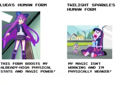 Size: 1280x898 | Tagged: safe, artist:mega-poneo, derpibooru import, spike, twilight sparkle, twilight sparkle (alicorn), alicorn, dog, human, equestria girls, equestria girls (movie), crossover, humanized, image, jewelpet, jpeg, luea, magic, meme, screaming, spike the dog, swole doge vs cheems