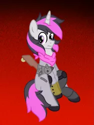 Size: 899x1200 | Tagged: safe, artist:froyo15sugarblast, derpibooru import, oc, oc:shining silverdiamond, pony, unicorn, armor, bandana, gradient background, gun, horn, image, noise, png, red and black, solo, unicorn oc, weapon