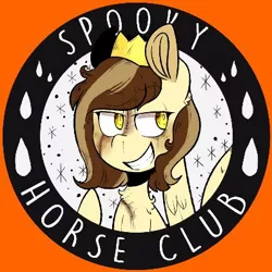 Size: 400x400 | Tagged: safe, derpibooru import, oc, oc:prince whateverer, pegasus, chest fluff, crown, devious smile, image, jewelry, jpeg, logo, male, pegasus oc, regalia, sparkles, spooky horse club, spread wings, text, water drops, wings
