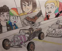 Size: 900x742 | Tagged: safe, artist:jebens1, derpibooru import, rainbow dash, surprise, equestria girls, car, comic panel, fast and furious, grin, image, jpeg, pedal, race, shocked, smiling, spy racers