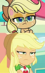 Size: 1428x2287 | Tagged: safe, derpibooru import, edit, screencap, applejack, equestria girls, equestria girls series, how applejack got her hat back, my little pony: pony life, rollercoaster of friendship, spoiler:pony life s01e04, angry, applejack is not amused, crossed arms, geode of super strength, image, jpeg, magical geodes, same energy, unamused