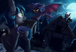 Size: 1024x699 | Tagged: safe, artist:pony-way, oc, oc:sable (fine print), oc:spark gap, unofficial characters only, bat pony, pony, fanfic:fine print, bat pony oc, bat wings, cloud, full moon, house, image, jpeg, leaping, moon, night, ponyville, squint, streetlight, wings