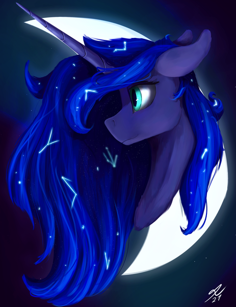 Size: 2160x2800 | Tagged: safe, artist:tenebrisnoctus, derpibooru import, princess luna, alicorn, pony, bust, constellation, crescent moon, female, image, mare, moon, png, solo