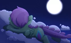 Size: 1515x913 | Tagged: safe, artist:orangemoonarts, derpibooru import, oc, oc:rainbolt, unofficial characters only, base used, cloud, full moon, hair over eyes, image, interspecies offspring, lying down, lying on a cloud, moon, offspring, on a cloud, parent:scootaloo, parent:spike, parents:scootaspike, png, solo