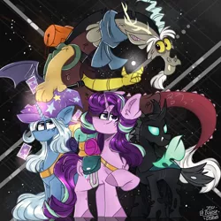 Size: 3000x3000 | Tagged: safe, artist:jxst-starly, derpibooru import, discord, starlight glimmer, thorax, trixie, changeling, draconequus, pony, unicorn, to where and back again, backpack, clothes, ear fluff, female, high res, image, magic, male, mare, playing card, png, reformed four, scarf, telekinesis