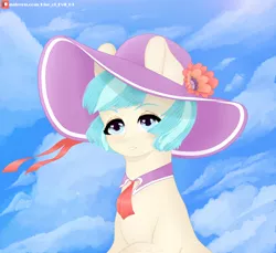 Size: 3500x3200 | Tagged: safe, artist:rise_of_evil_69, derpibooru import, coco pommel, earth pony, pony, beautiful, blushing, bust, cloud, cocobetes, cute, detailed background, ear fluff, female, females only, flower, flower in hair, hat, image, looking at you, mare, open mouth, png, sky, solo, sun hat, wind, windswept mane