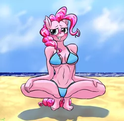 Size: 2306x2250 | Tagged: suggestive, artist:pwnyville, derpibooru import, pinkie pie, anthro, plantigrade anthro, beach, bikini, blushing, clothes, image, png, sand, smiling, spreading, spread legs, swimsuit