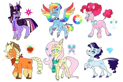 Size: 1280x854 | Tagged: safe, artist:me-my-elf-and-i, derpibooru import, applejack, fluttershy, pinkie pie, rainbow dash, rarity, twilight sparkle, twilight sparkle (alicorn), alicorn, earth pony, pegasus, pony, unicorn, alternate cutie mark, appledash, bowtie, clothes, cloven hooves, colored wings, feathered fetlocks, female, flarity, glasses, goggles, heterochromia, image, lesbian, mane six, multicolored wings, neckerchief, necktie, png, rainbow wings, scarf, shipping, simple background, socks (coat marking), transparent background, unshorn fetlocks, wings