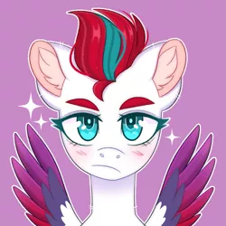 Size: 775x775 | Tagged: safe, artist:duskinova, derpibooru import, zipp storm, pegasus, pony, blue eyes, blushing, bust, colored wings, ear fluff, eyebrows, eyelashes, female, g5, image, looking at you, lowres, mare, multicolored wings, png, portrait, purple background, simple background, solo, sparkles, spread wings, spreading, unamused, wing fluff, wings