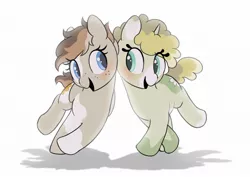 Size: 2048x1446 | Tagged: safe, artist:mochi_nation, derpibooru import, oc, oc:flannel tea, oc:sunrich maron, unofficial characters only, pegasus, pony, unicorn, blushing, cheek to cheek, cute, duo, female, freckles, image, jpeg, mare, ocbetes, simple background, white background