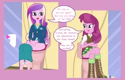 Size: 3000x1920 | Tagged: suggestive, artist:lightning_musicwave, derpibooru import, cheerilee, princess cadance, equestria girls, but why, clothes, dean cadance, image, implied pissing, implied scat, panties, panties pulled down, png, speech bubble, toilet, toilet paper, underwear