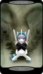 Size: 1500x2591 | Tagged: safe, artist:sixes&sevens, derpibooru import, part of a set, fancypants, unicorn, blindfold, crossed hooves, dirt road, facial hair, forest, image, male, minor arcana, moustache, png, sitting, solo, sword, tarot card, tree, two of swords, weapon