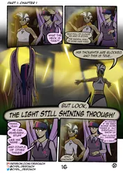 Size: 1500x2122 | Tagged: safe, artist:cyril_deroach, derpibooru import, twilight sparkle, twilight sparkle (alicorn), zecora, alicorn, human, fanfic:tales from equestria, comic, humanized, image, lightning, magic, piercing, png, potion, tinyface, winged humanization, wings, zecora's hut