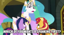 Size: 600x337 | Tagged: safe, derpibooru import, edit, edited screencap, screencap, princess celestia, sunset shimmer, twilight sparkle, twilight sparkle (alicorn), alicorn, pony, unicorn, equestria girls, equestria girls series, forgotten friendship, caption, female, image, image macro, jpeg, mare, memeful.com, text