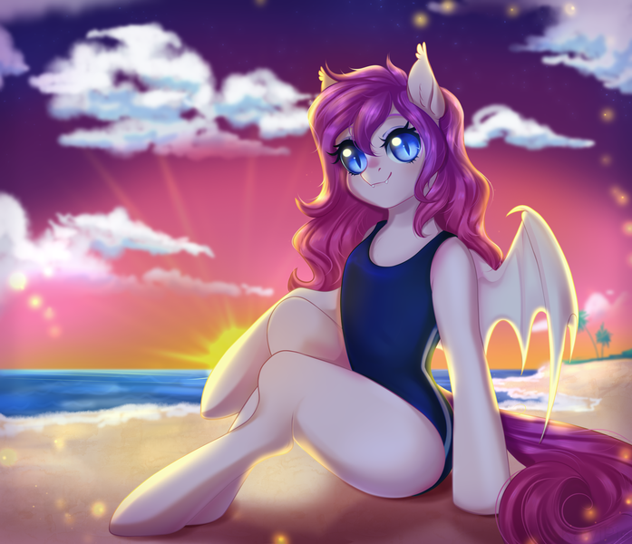 Size: 2380x2050 | Tagged: safe, artist:kawipie, derpibooru import, oc, oc:candy bat, oc:luscious desire, bat pony, pony, beach, blue swimsuit, clothes, happy, image, missing cutie mark, one-piece swimsuit, png, sand, sitting, smiling, solo, spread wings, sunset, swimsuit, wings