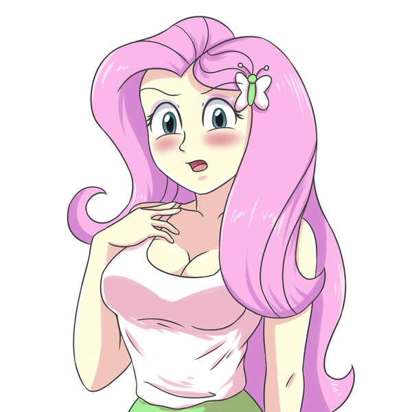 Size: 2952x2952 | Tagged: safe, artist:sumin6301, derpibooru import, fluttershy, equestria girls, blushing, breasts, cleavage, image, jpeg, looking at you, open mouth, simple background, solo, white background